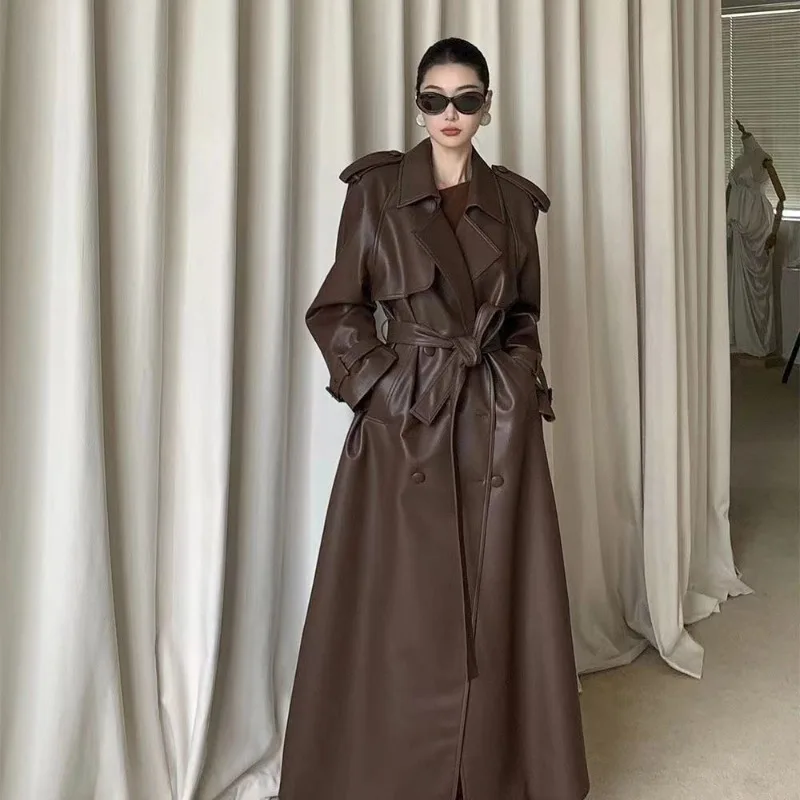 

Temperament High-end Anti-wrinkle Loose Thin Coffee-colored Trench Coat Leather Jacket Women's Long Fall Winter New Personality