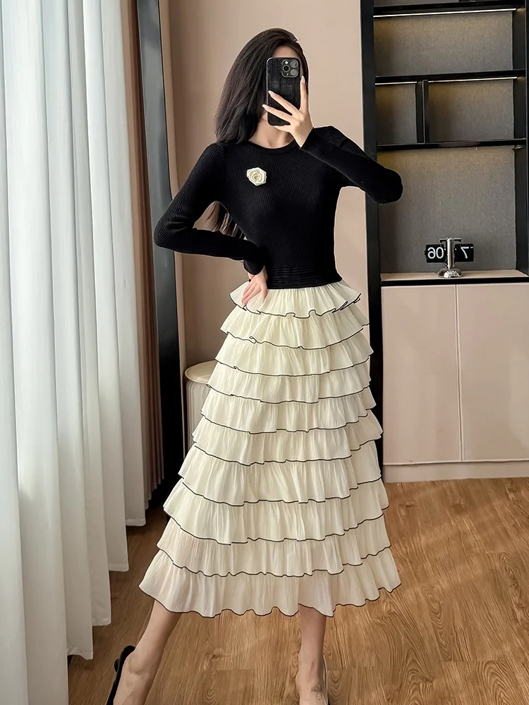 Smthma francês pequeno estilo fragrância vestido de malha preta feminino outono inverno chique dupla camada elegante plissado festa vestidos longos