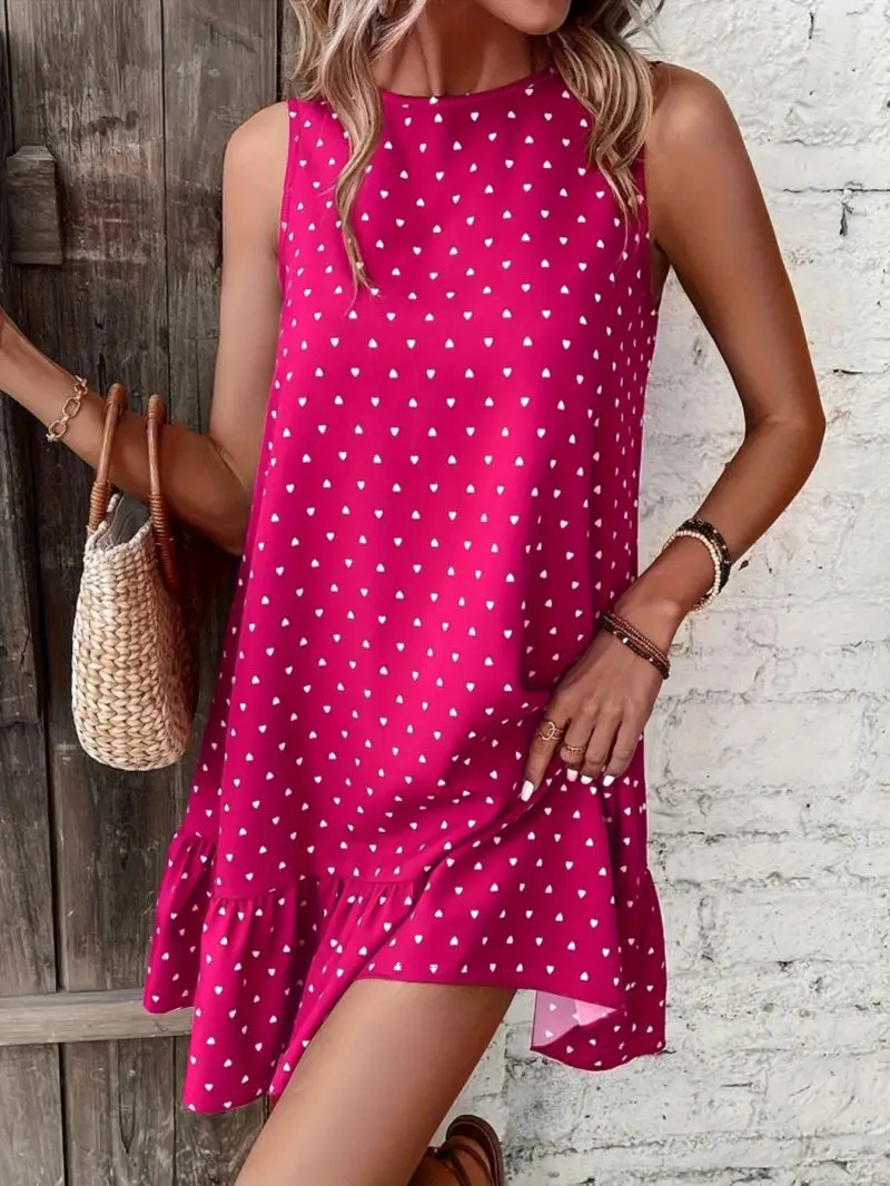 Rose Red Sleeveless Round Neck Printed Dress Fashionable Loose Ruffle Edge Short Dress