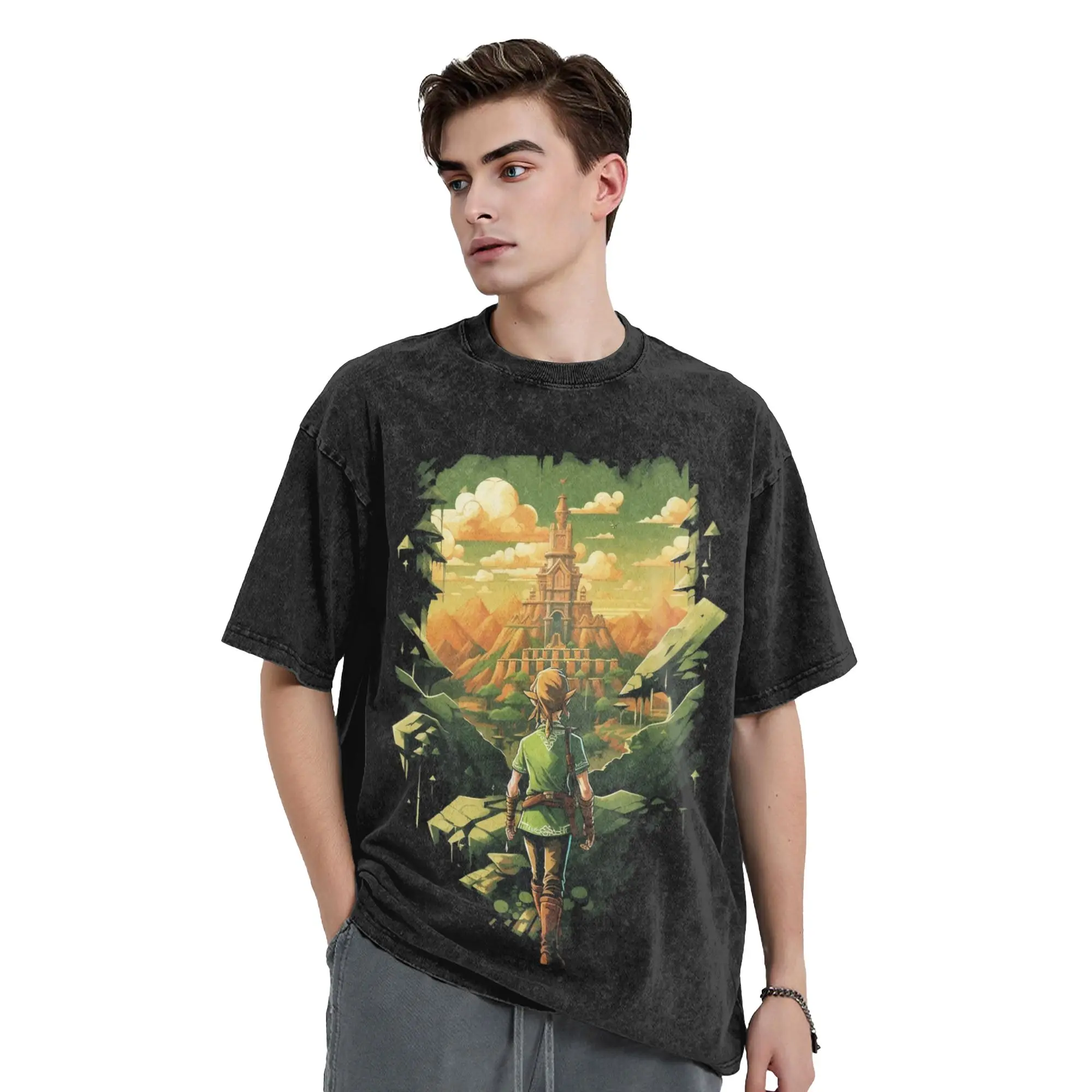 Zeldas Legend Link Washed T Shirts Streetwear Vintage T-Shirts Game Anime Tees Tops for Men Women Cotton High Street