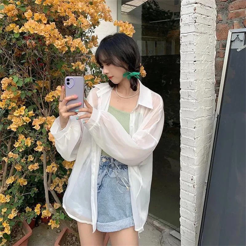 Shirt for Women Blouse Long Sleeve Top Female Chiffon Loose Cardigan Thin Sexy Solid Color Casual Shirt