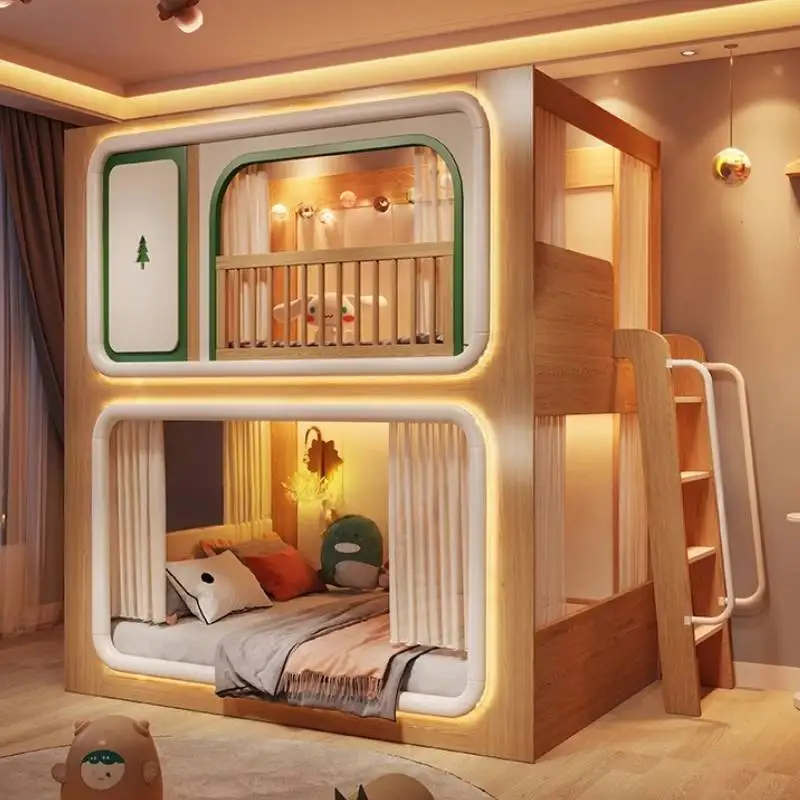 Loft Double Decker Kids Beds Wooden Guardrail Design Playpen Children Beds Slide Modern Style Camas Infantiles Furniture Home