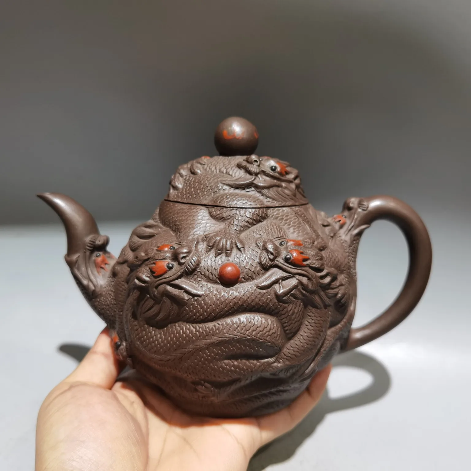 

8"Chinese Yixing Purple Clay Teapot Chinese Loong Kettle Nine Dragon Texture Teapot Flagon Amass wealth Ornaments Town house