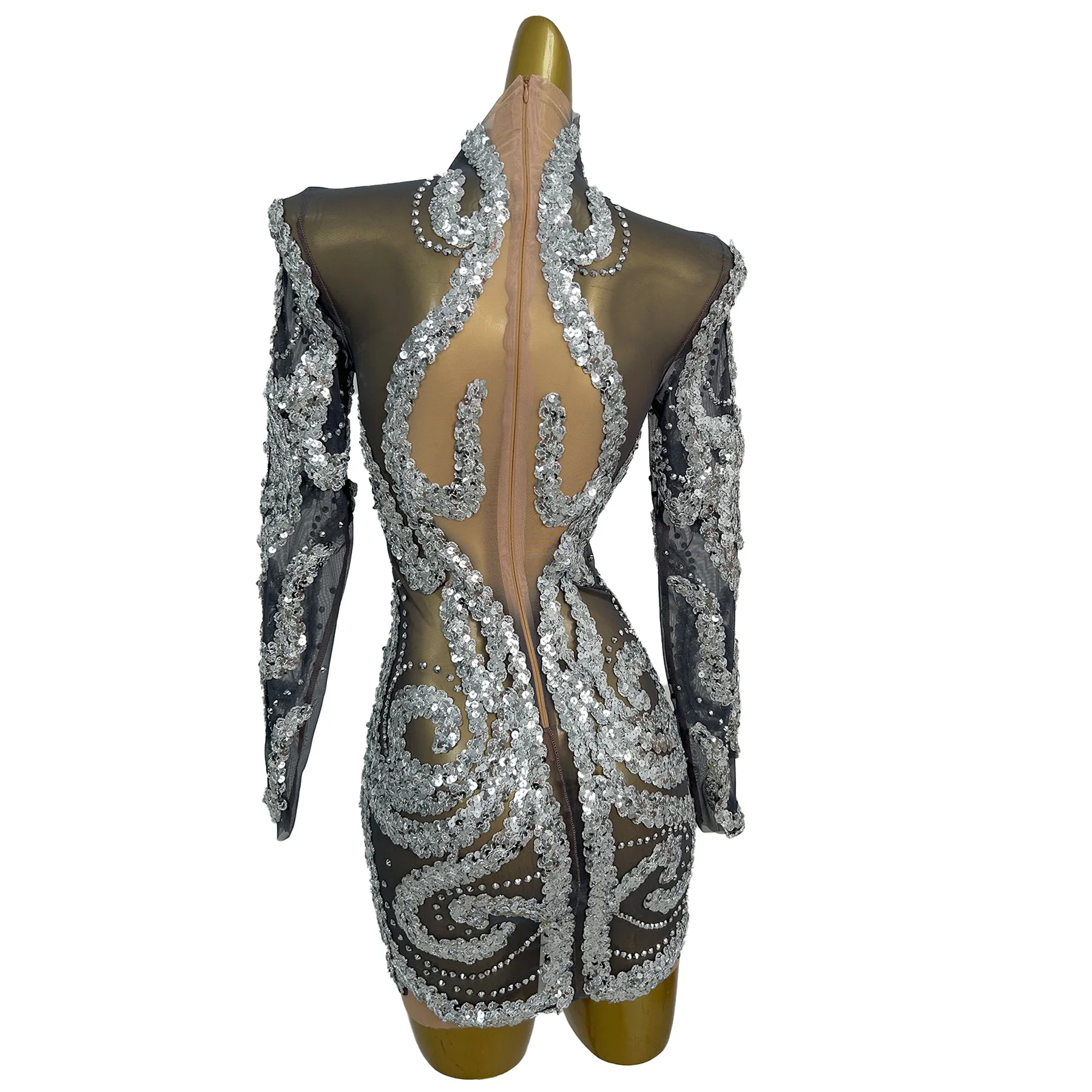 Shibei Elegant Silver Glitter Mesh Evening Dress for Women Sexy Perspective Birthday Cocktail Dance Party Bar Costume
