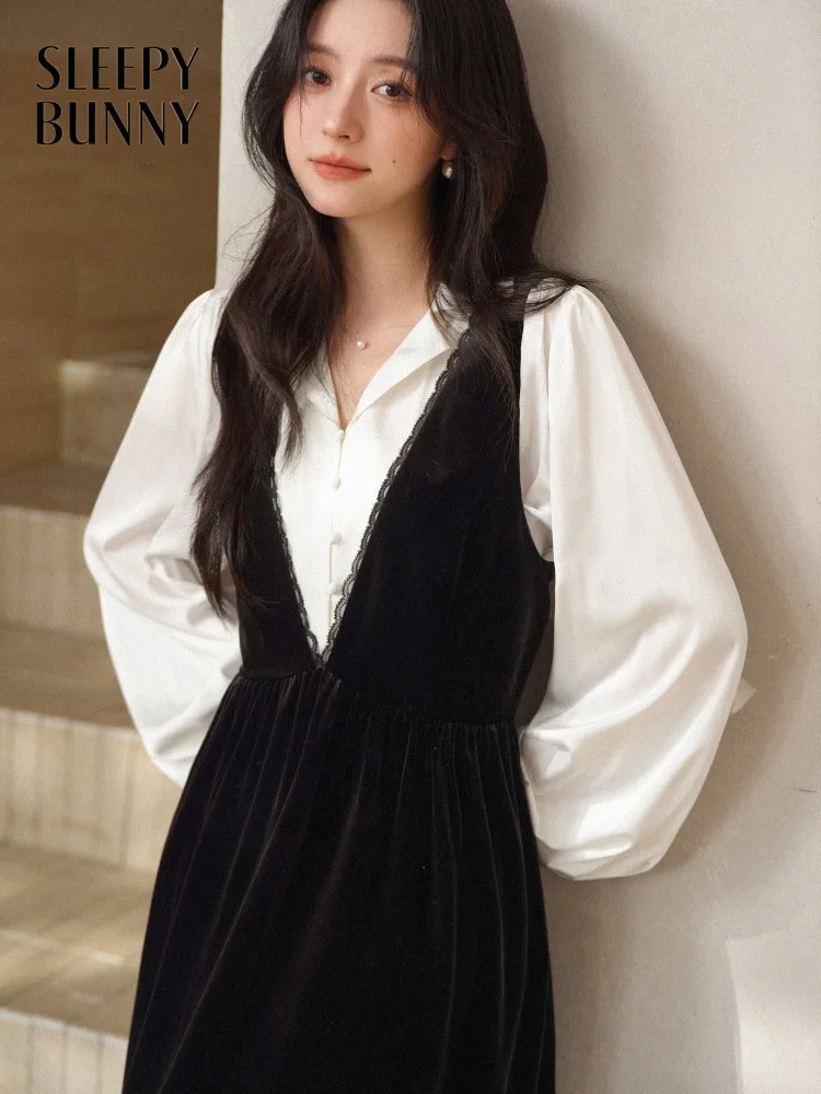 

Women Vintage V-Neck Shirt Velvet Slip Dress Set Lady Lace Trim Sleeveless Midi Dress Loose White Blouse Spring Layered Outfit