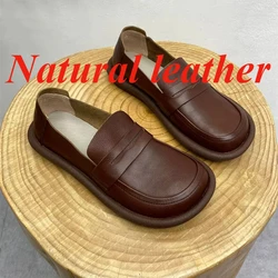 Loafers Shoes Woman Handmade Natural Leather Single Shoes Retro Cowhide Autumn Round Toe Flat Oxform Soft Women's Shoes