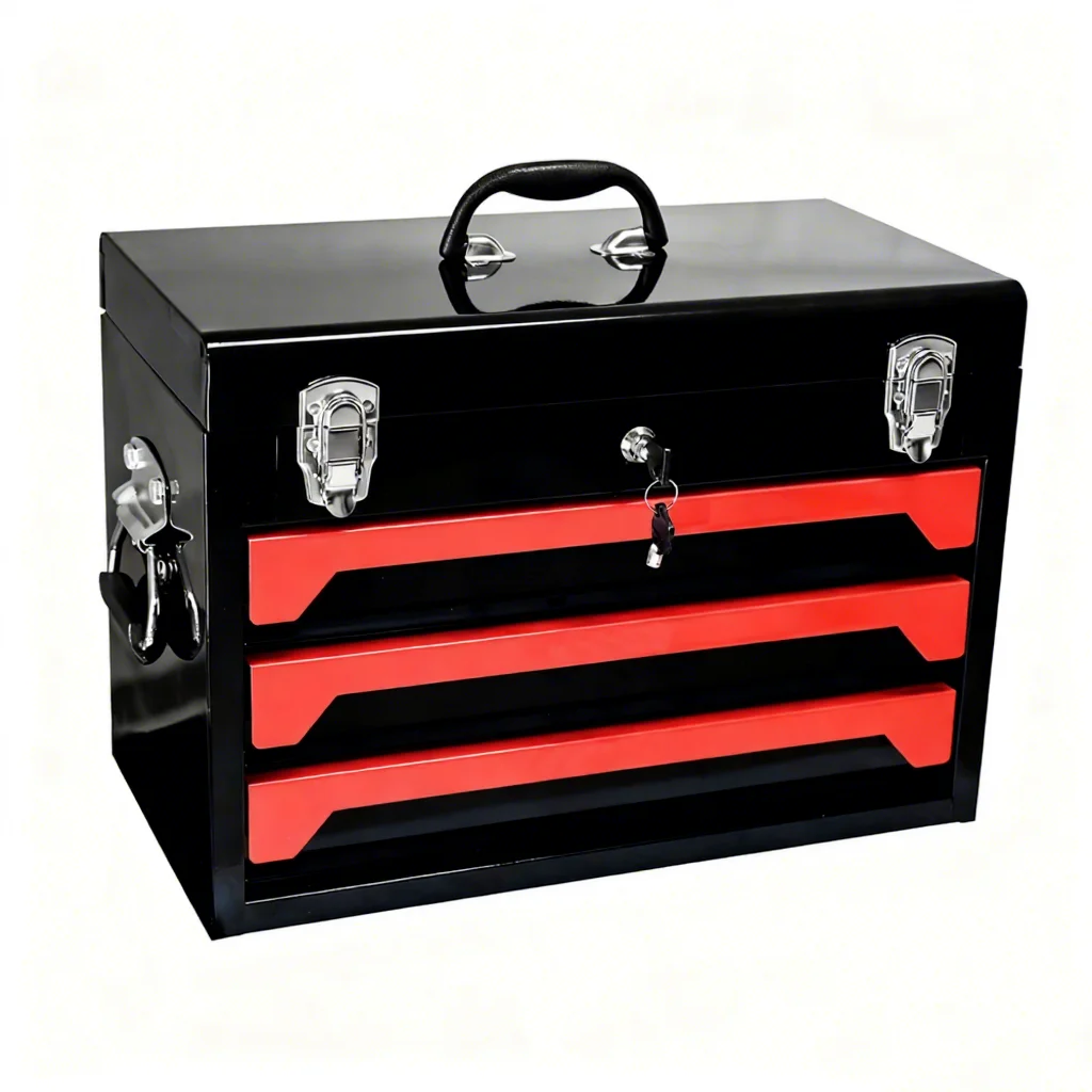 

Portable Tool Box Lockable Steel Tool Chest Cabinet 3 Drawers & Top Tray 3-Drawer Toolbox For Household, Warehouse, Repair ShopA