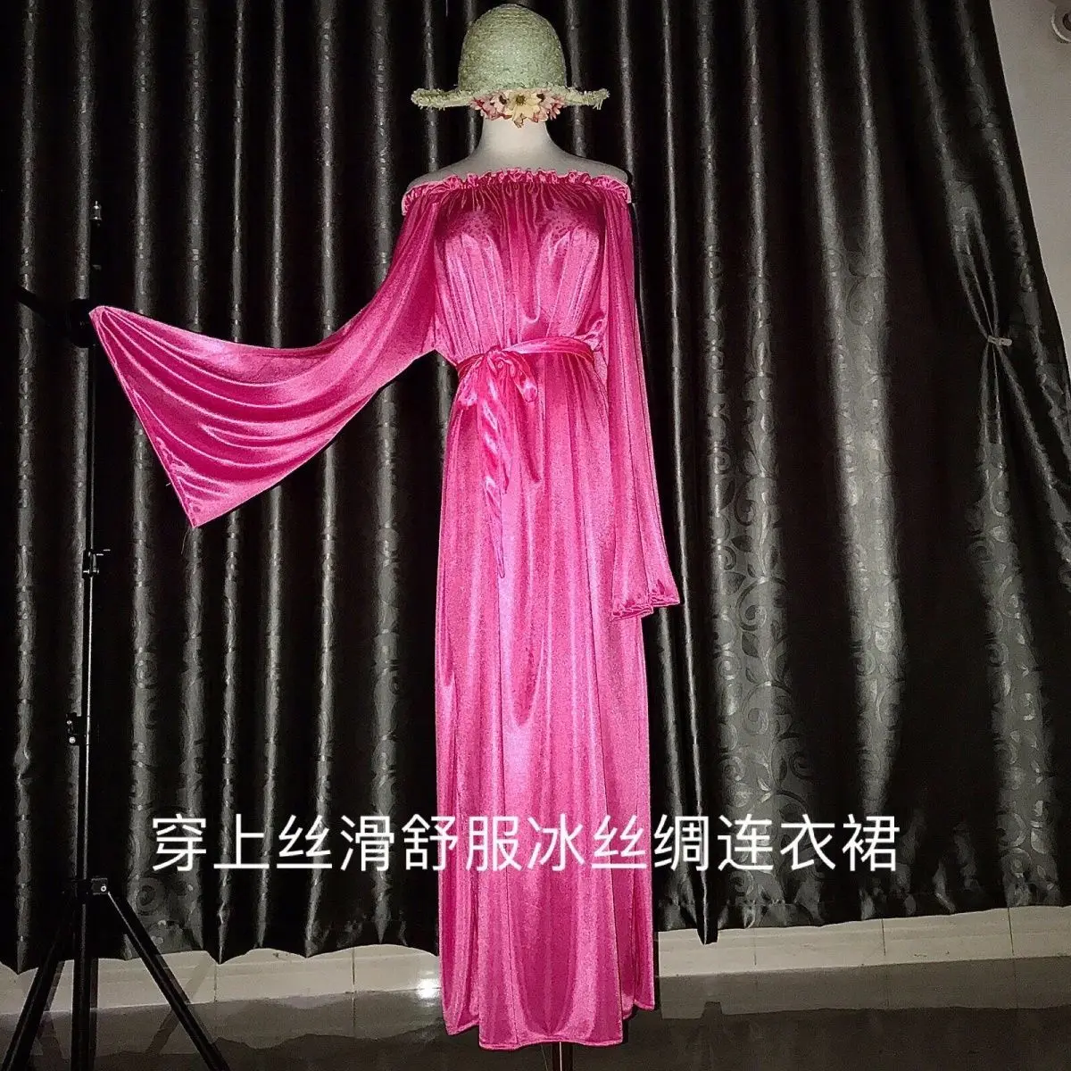 Glossy Women Satin Long Dress Loose Pajamas Maxi Dress Pullover Elegant Dresses Sleeping Wear