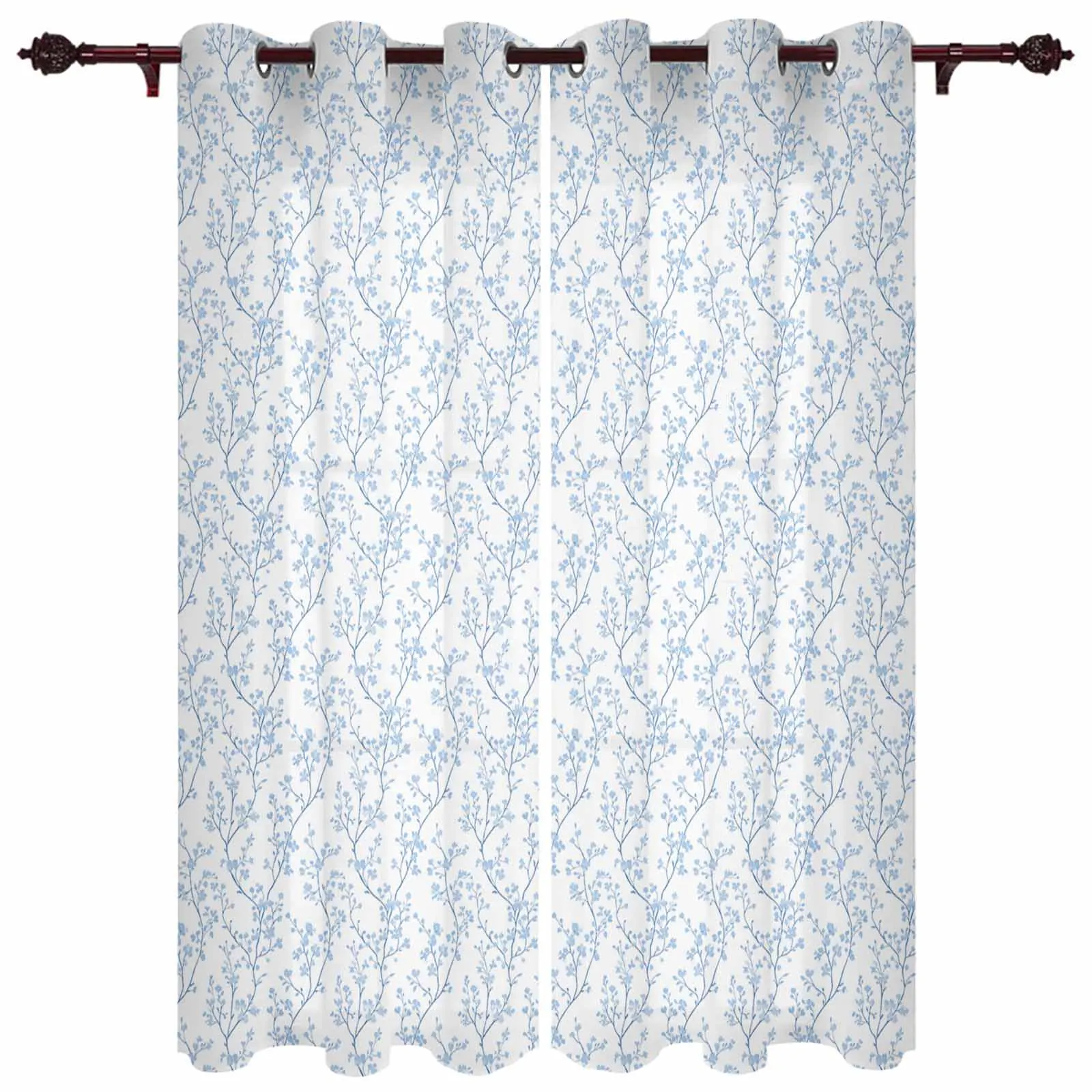 Floral Tree Branch Texture Blue Window Window Curtains Living Room Bathroom Bedroom Decor Kids Window Treatment