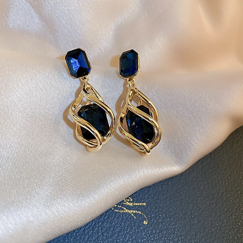 Korean Fashion Green Crystal Stone Dangle Earrings for Women Gold Color Hollow Stud Earring Birthday Gifts Pendientes Mujer