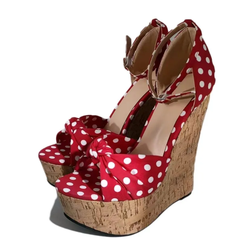 SHOFOO Fashionable women's high-heeled sandals. Dot cloth sandals. About 15cm heel height. Wedges platform sandals and sandals.
