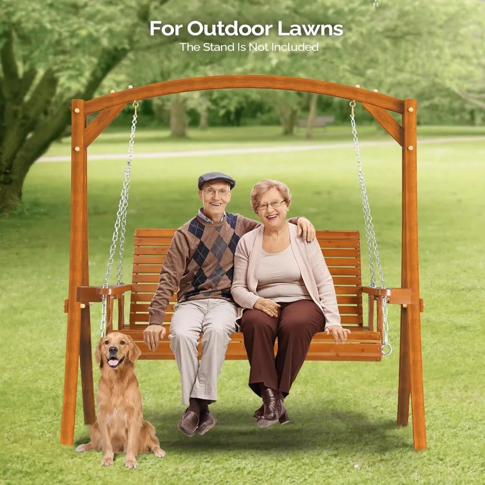 أرجوحة شرفة خشبية شديدة التحمل في الهواء الطلق مقاس XL مع حاملات أكواب، مقعد كرسي أرجوحة معلق بسعة 880 رطلاً