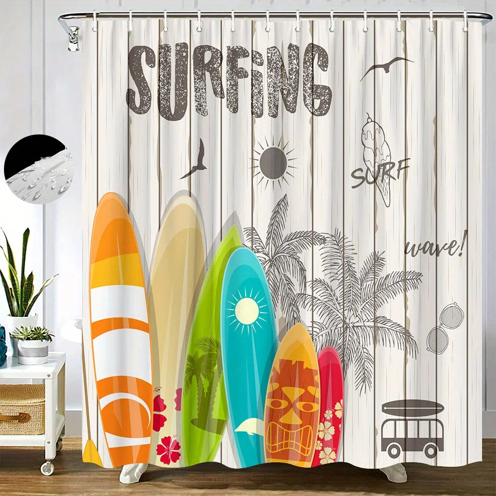

Яркая занавеска для душа для доски для серфинга с дизайном тропической пальмы — красочный полиэстеровый принт, 70,8x70,8 дюймов, в комплект входят крючки
