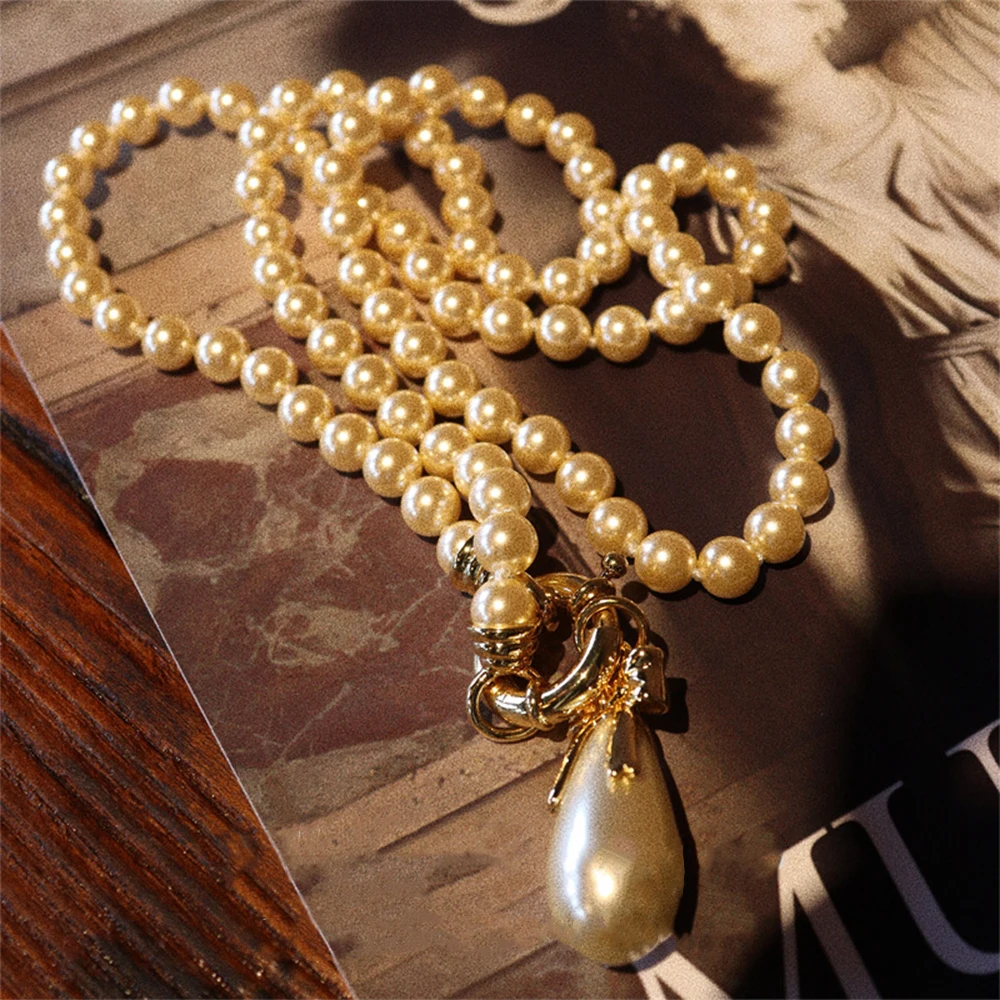 Fashion Trend glass beads bow pearl Pendant  necklaces for women's Girl student gift  Choker Jewelry wholesale