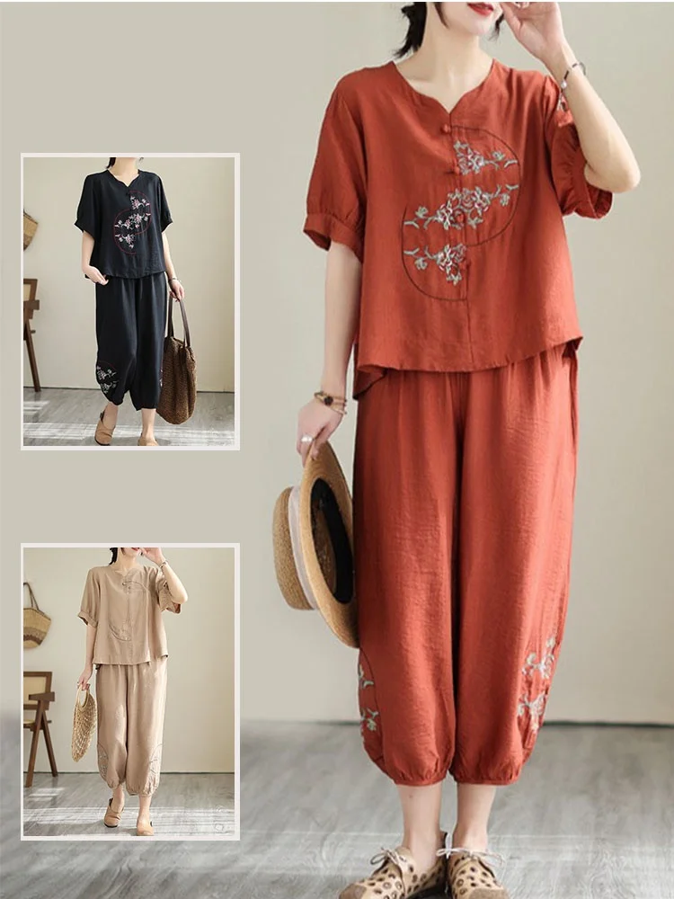 

Модная вышитая шелковая льняная футболка ort Sve и брюки-фонарики, свободный комплект из двух предметов для женщин с девятью точками