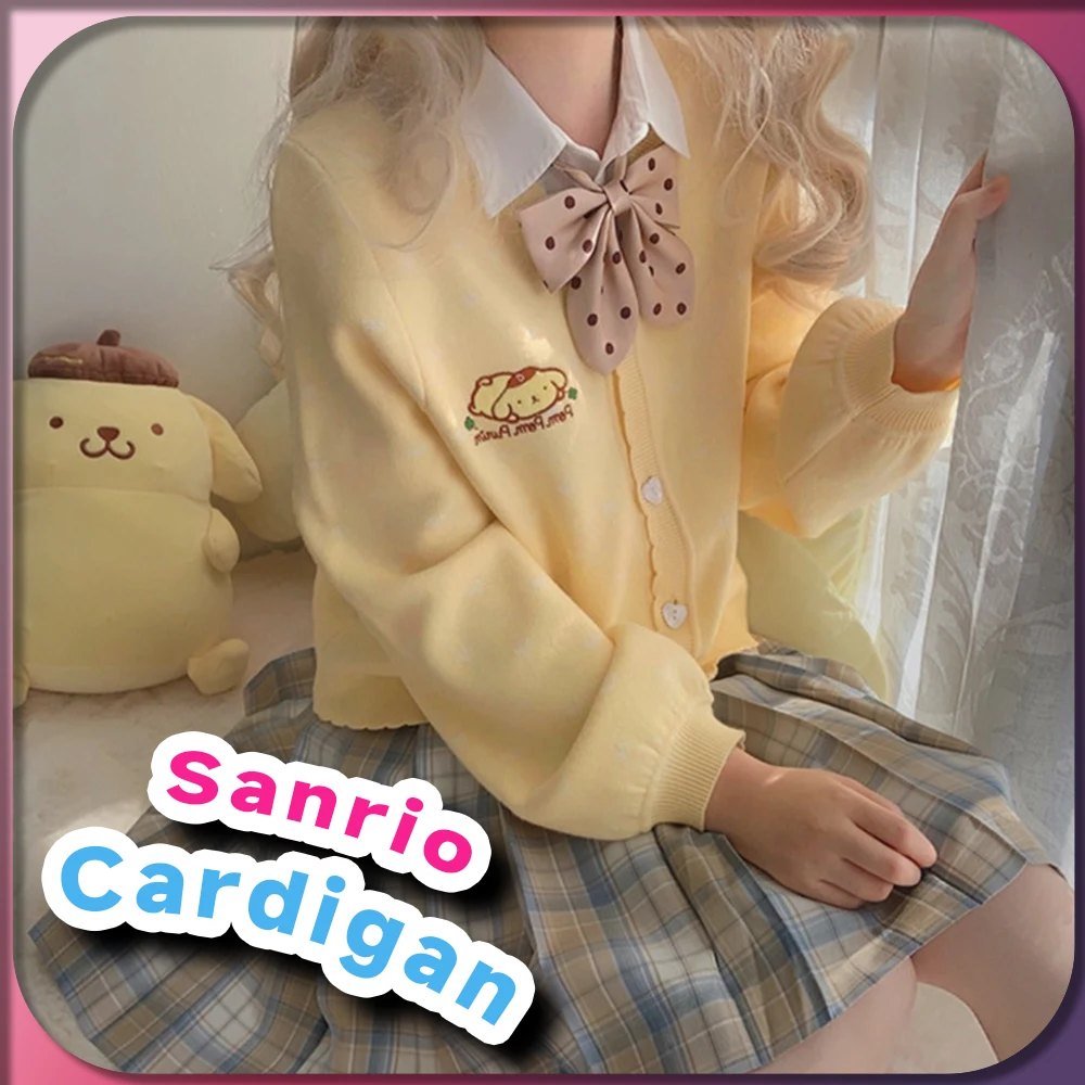 Kawaii Kuromi Japanese JK Sweater Sanrio My Melody Cinnamoroll Hello Kitty Girl Cardigan Pompompurin Spring Long Sleeve Top