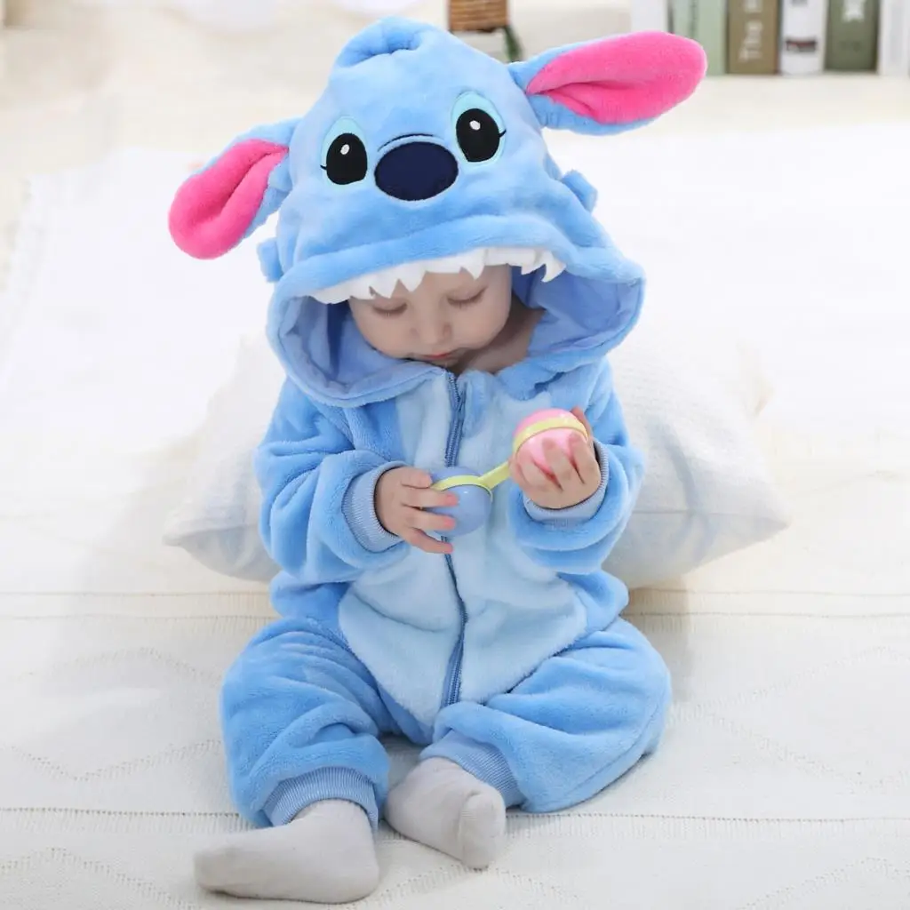 Disney Cartoon Stitch Children One-Piece Flannel Jumpsuits Crawling Suit Autumn Long Sleeve Rompers Baby Girl Outfit Set