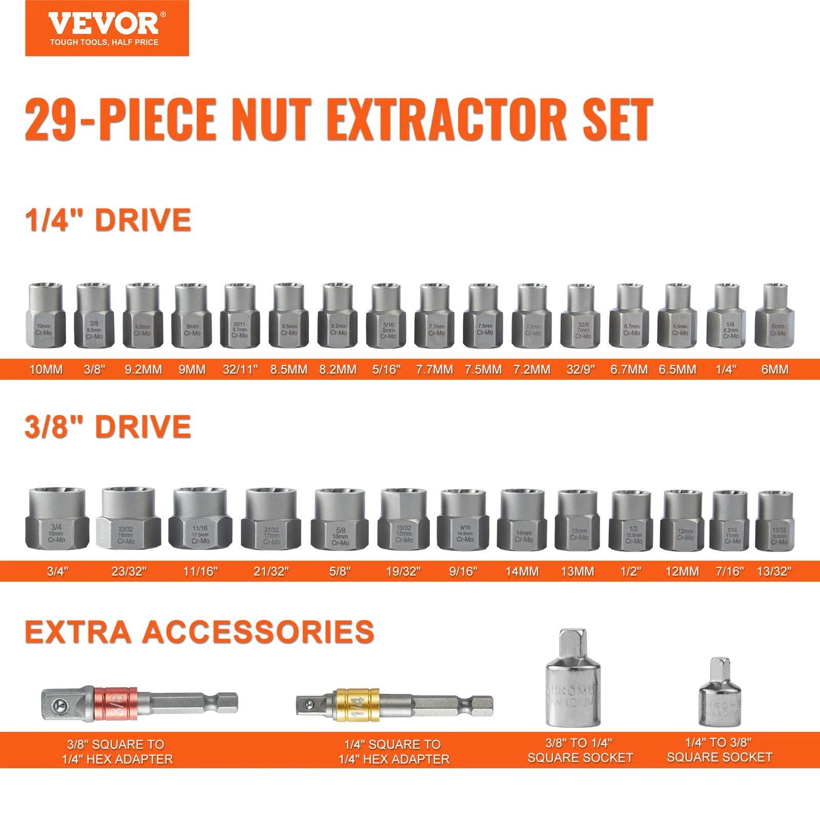 VEVOR 29PCs Bolt Extractor Set Bolt and Nut Remover Set 6mm to 10mm 13/32\