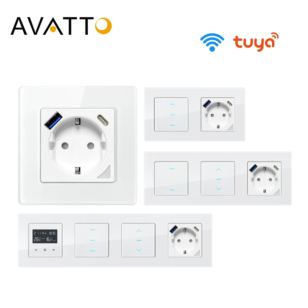 

Комплект AVATTO Tuya-ЕС Wi-Fi переключатель, переключатель для штор, Wi-Fi термостат, умная настенная розетка с USB-портом типа C работает с Google Home/Alexa