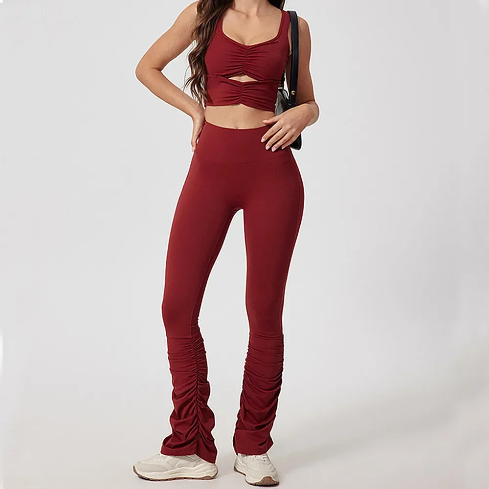 

2PCS Yoga Set Women Sportswear Workout Pant Gym Mini Flare Legging Fitness Bra Crop Top Sports Suits Athletic Active Wear