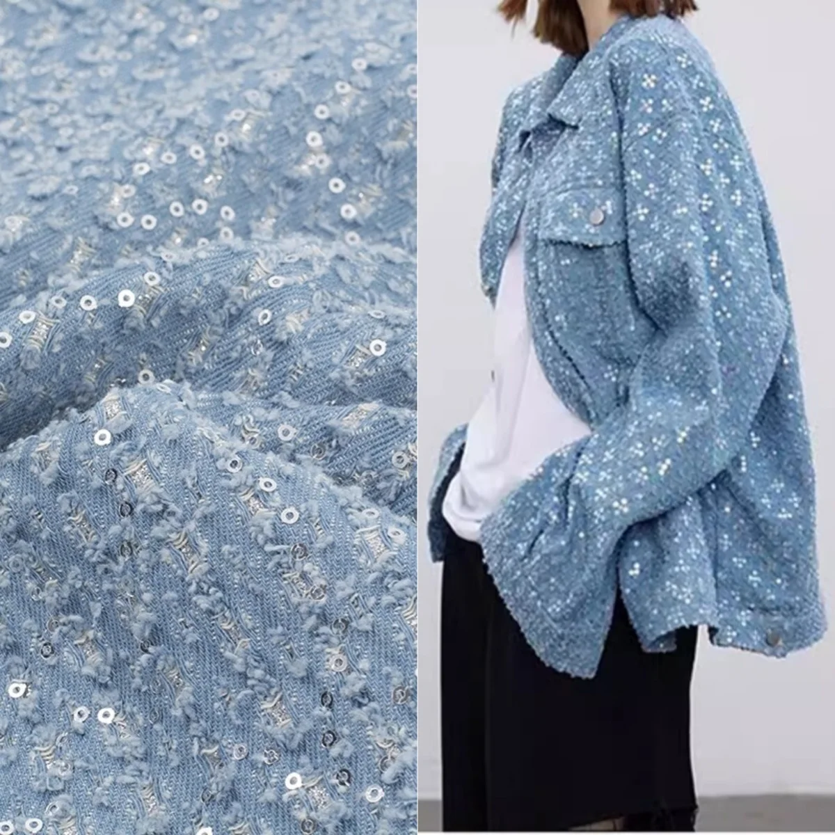 Sequined embroidered washed denim fabric thick fabric sewn coat vest pants casual set diy hat bag fabrics for sewing