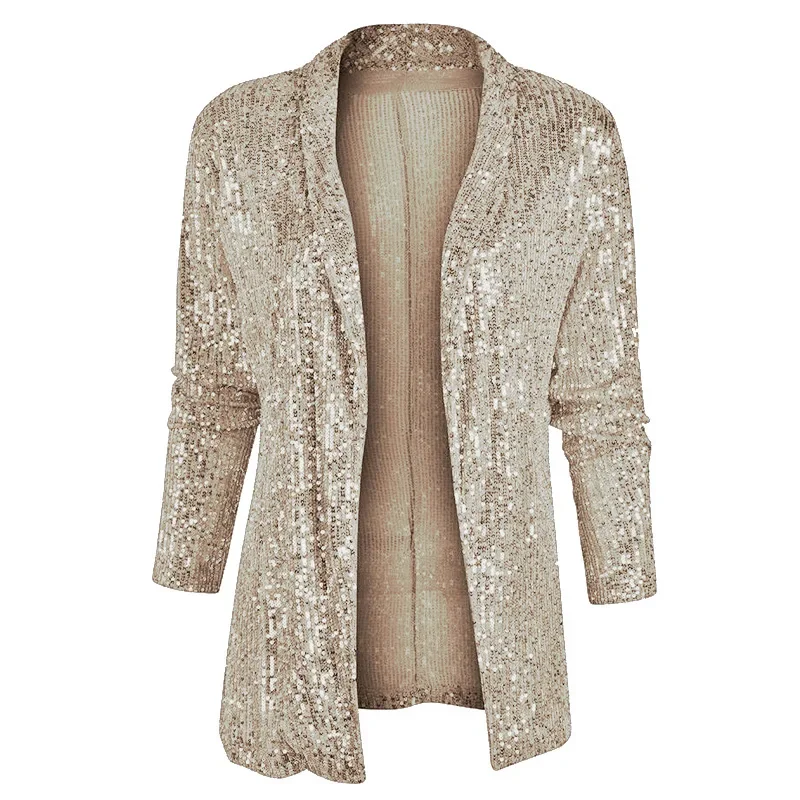 Spring New Sequined Long Sleeve Mid-Length Blazer Jacket Suit Polo Collar Solid Color Coat Women Fashion Sexy Blazers