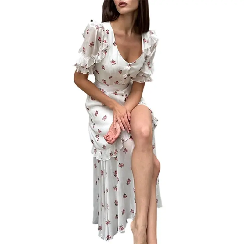 

NEW-Women's Fashionable Slit Print V-Neck Short-Sleeve Dress