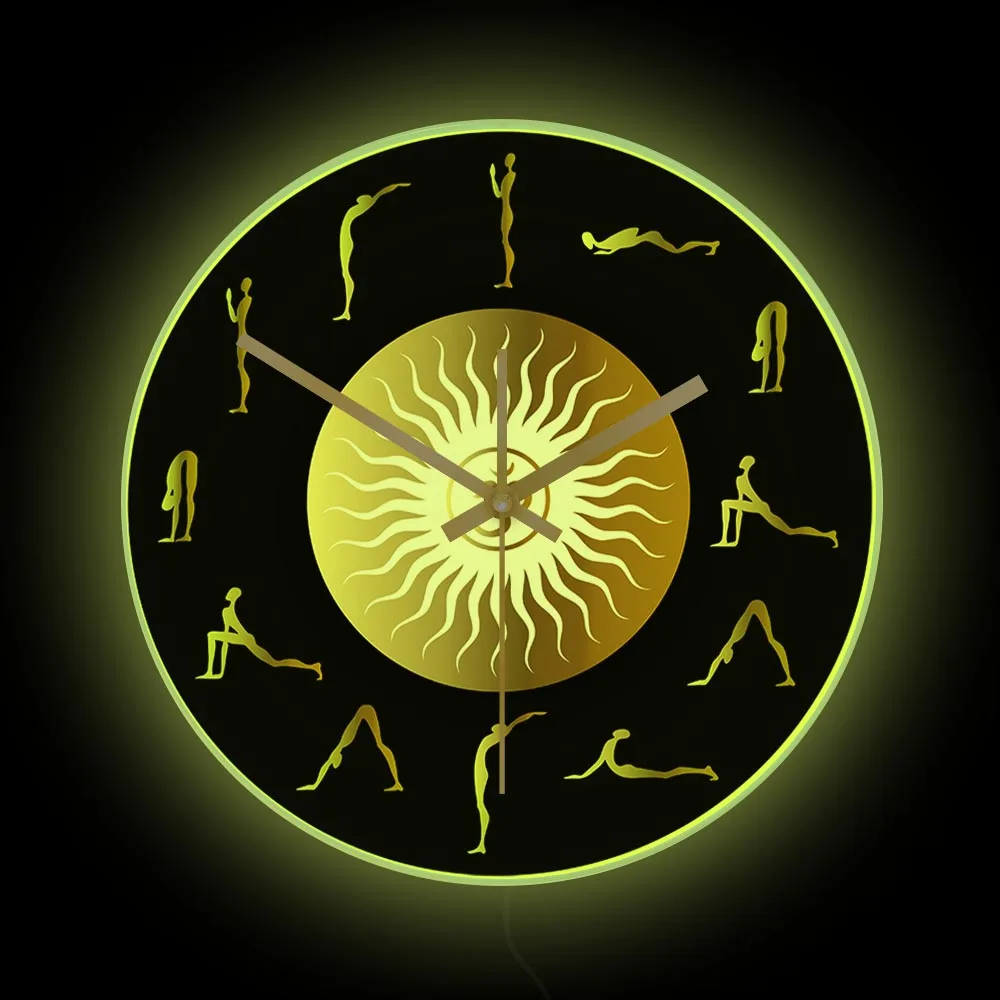 Ashtanga Yoga Poses LED Backlit Wall Clock Surya Namaskar Sun Salutation Neon Light Sign Clock Glow In Dark Lamp Yoga Yogi Gift