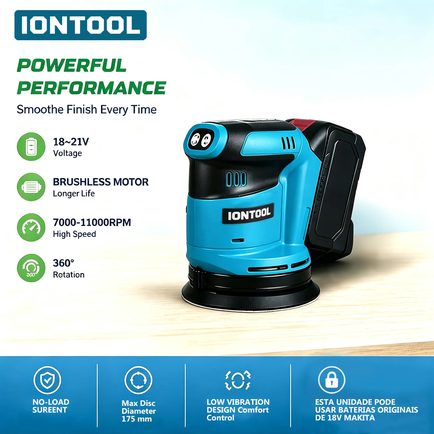 iontool-175-ミリメートルブラシレスコードレスサンダー軽量家庭用-diy-表面研磨用ベアツールマキタ-18v-バッテリーに適合