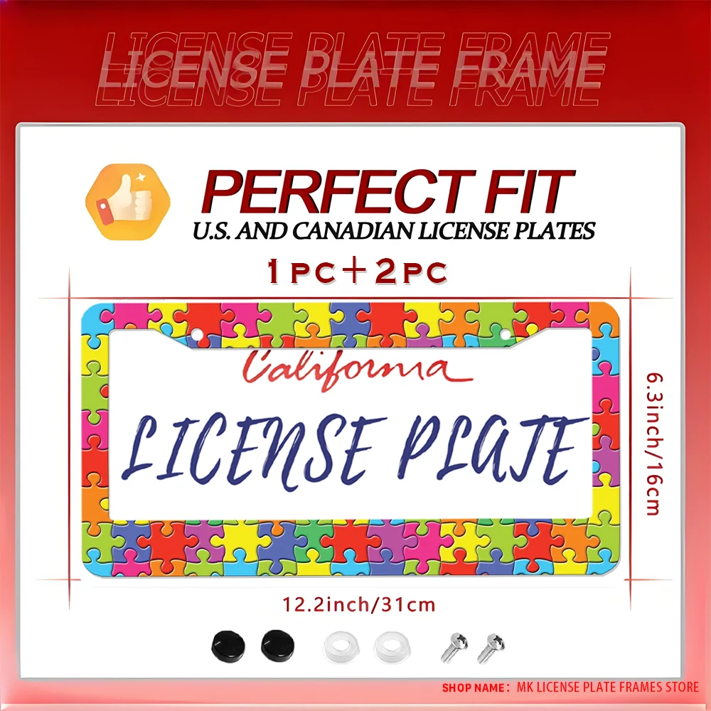 

Colorful Puzzle - Patterned Novelty and Fun Aluminum License Plate Frame with Screw Set, 2 - Hole Car Decoration and Gift, 6x12
