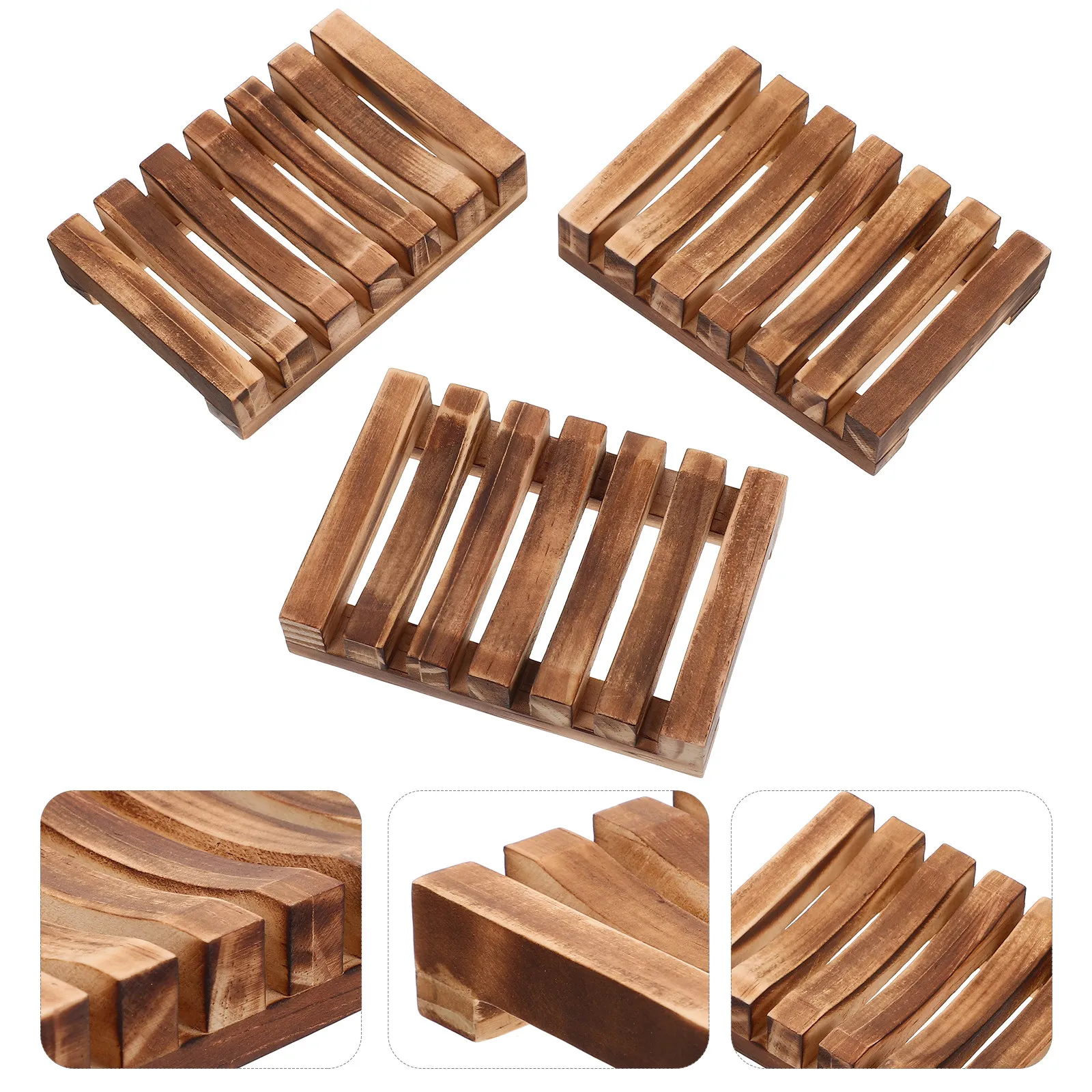 

3pcs Wood Soap Dish Rectangular Drain Design For Kitchen Bathroom Sink Soap Holder Hollow Tray Smooth Rack Storage Stand