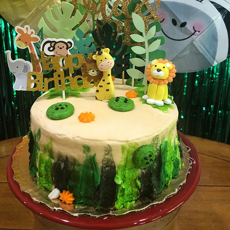 Jungle Safari Birthday Cake Topper, Jungle Party Cake Toppers, Tema animal, Macaco, Leão, Cupcake Wrappers, Bandeira do bolo