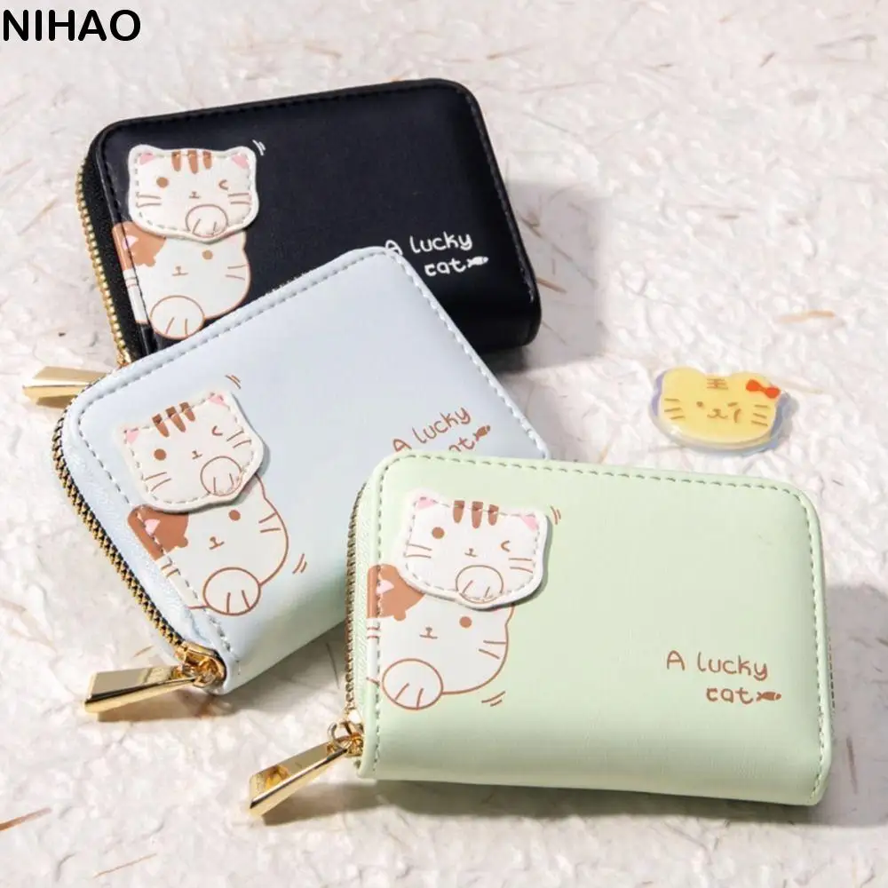 

Solid Color Cute Tri-Fold Purses Korean Style Multi-card Slot Women Card Holder PU Leather Card Pocket Cat Short Wallet Women