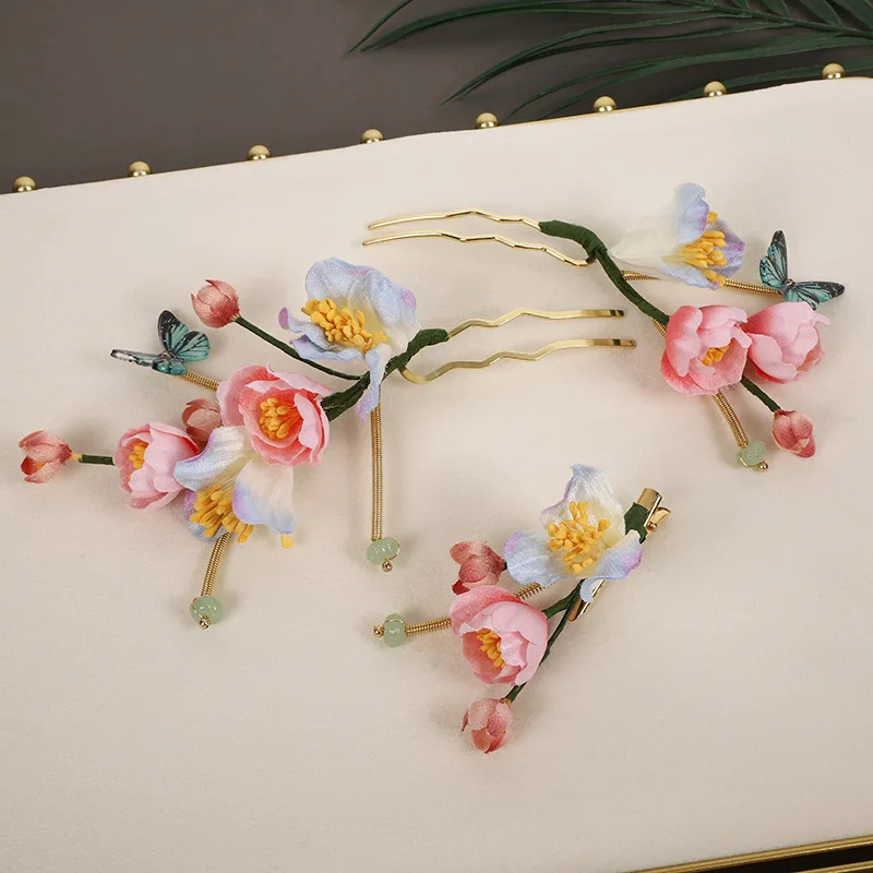 Accesorios antiguos para el cabello con cabeza de flor rosa para niños y mujeres, conjunto completo de accesorios antiguos para actuación de danza clásica