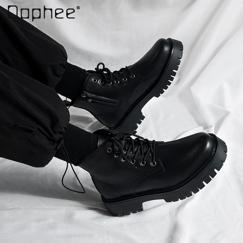 

Autumn Winter British Style Men's Black Workwear Motorcycle Boots Height Increasing High-top Non-slip Waterproof Ankle Boots