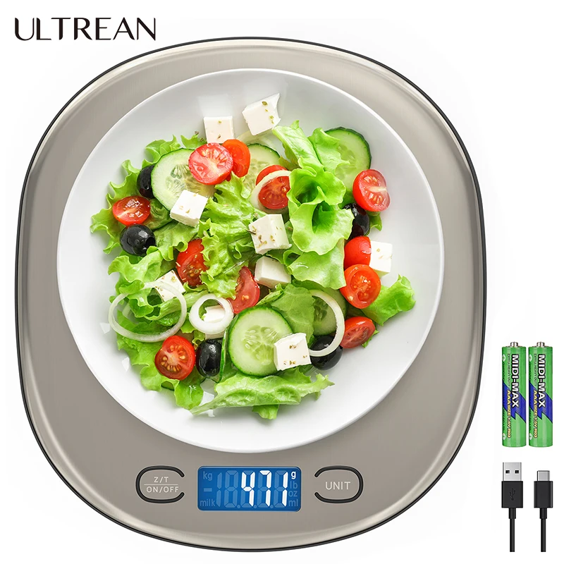 ULTREAN 15kg Rechargeable Kitchen Scale LCD Display Stainless Steel Electronic Scales Home Food Snacks Weighing Baking Tools
