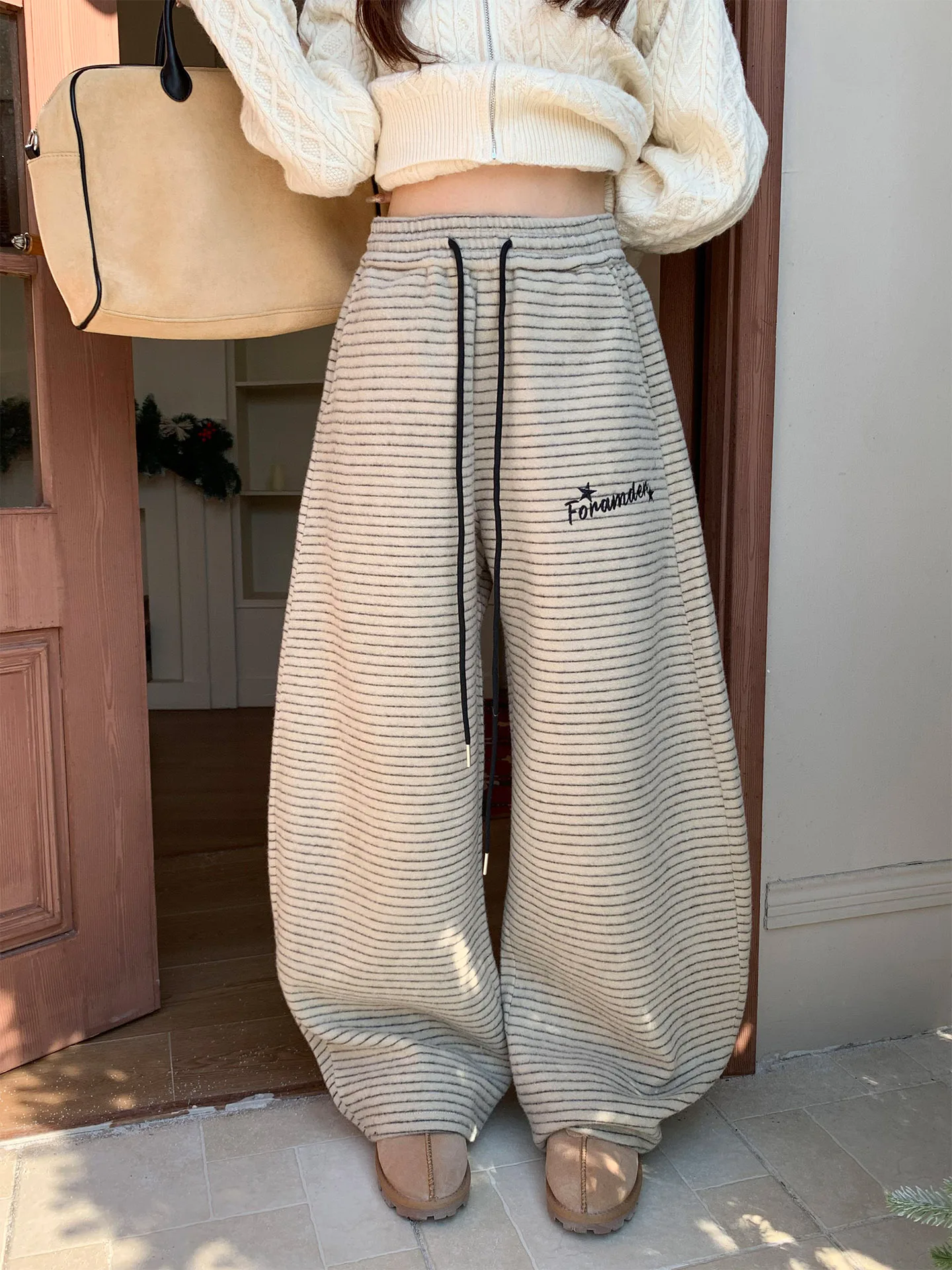 

Широкие повседневные брюки Laid-ba в полоску, свободного кроя, зимние, женские, с эластичным поясом, прямые брюки-трубы