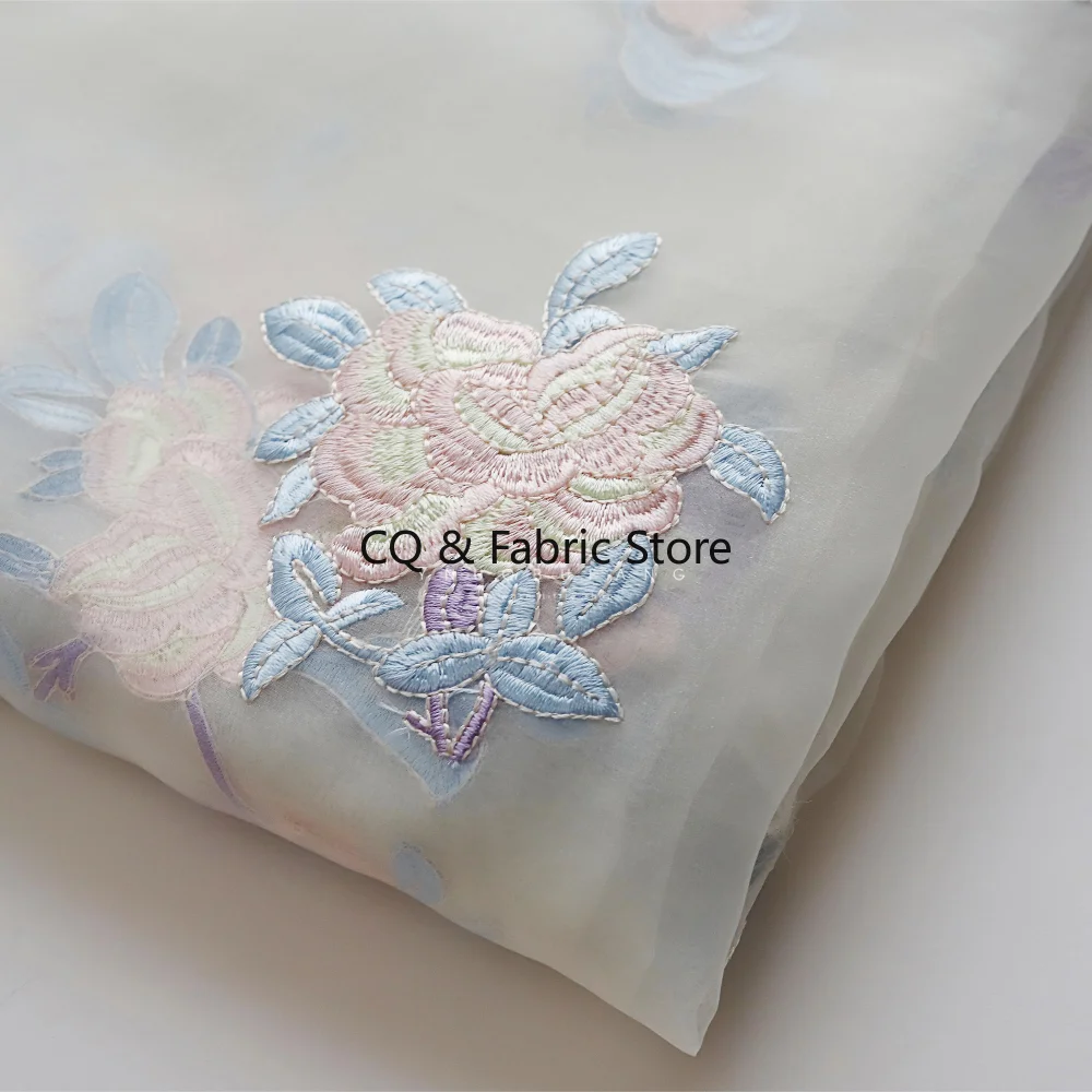 

Chinese Style Blue and White Porcelain Embroidery Organza Fabric for Dressmaking and Apparel Designer Fabric By The Meter