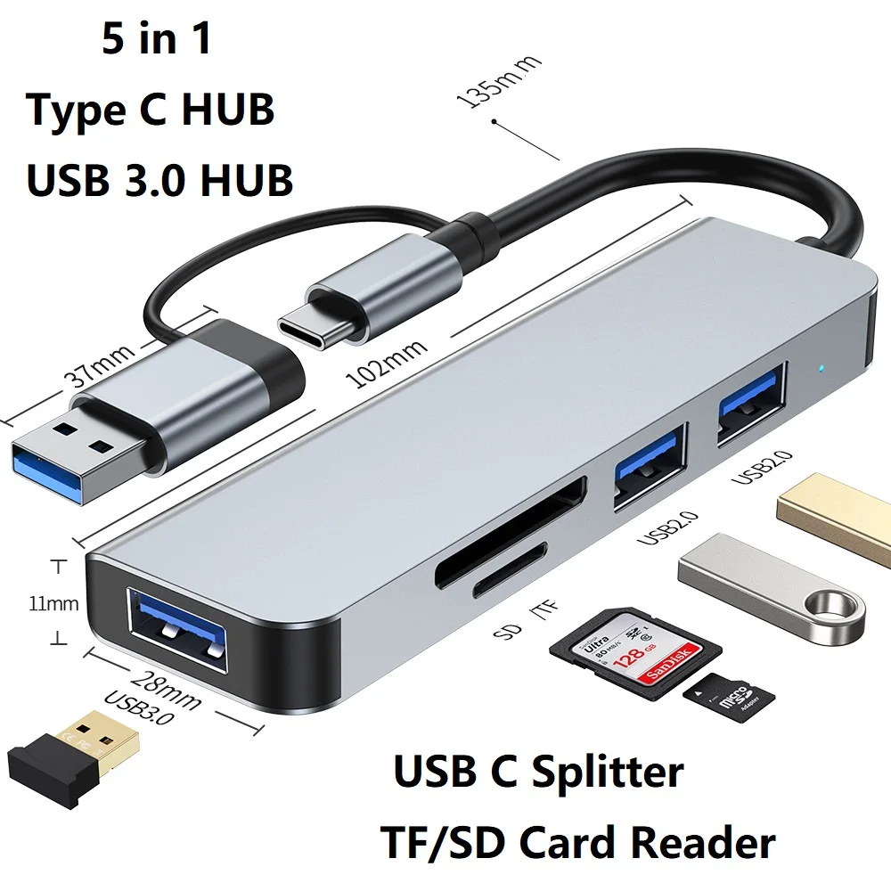 

5 in 1 Type C Hub USB C HUB Multi-Port Adapter TF/SD/MicroSD Card Reader USB 3.0 HUB Splitter for iPad/MacBook Pro Air Computer