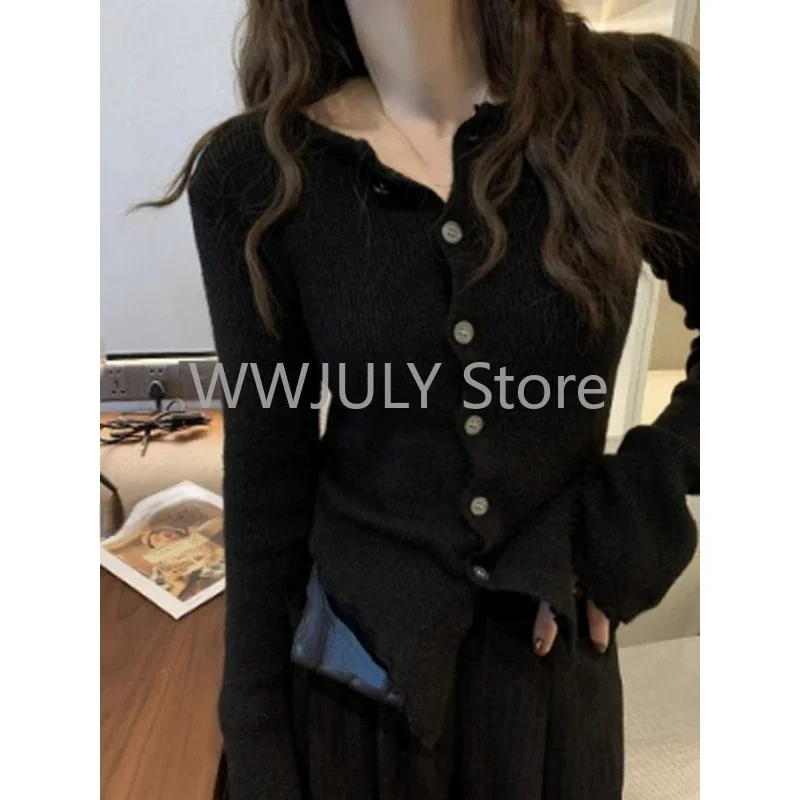 2024 Y2k Grey Vintage Women Kint Sweater Harajuku Long Sleeve Cardigan Irregular Korean Fashion Slim Autumn Jerseys Casual