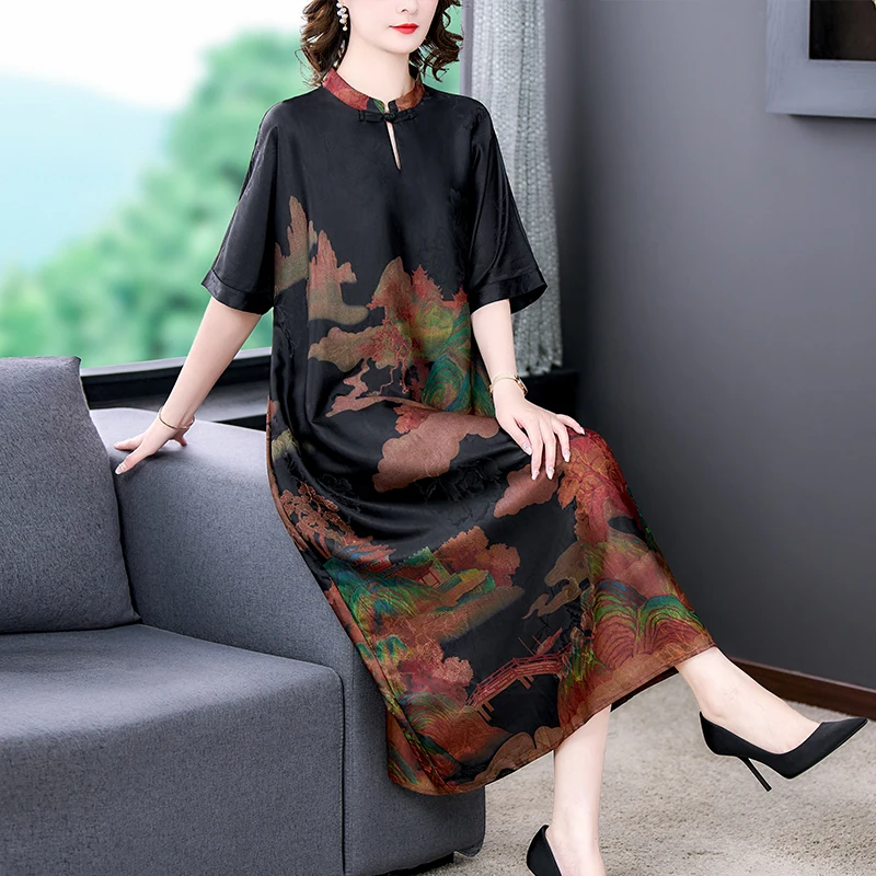 

2023 Summer New Silk Short Sleeve Vintage Print Dress High Grade Elegant Loose Large Slim Long Dress Chinoiserie Cheongsam Dress