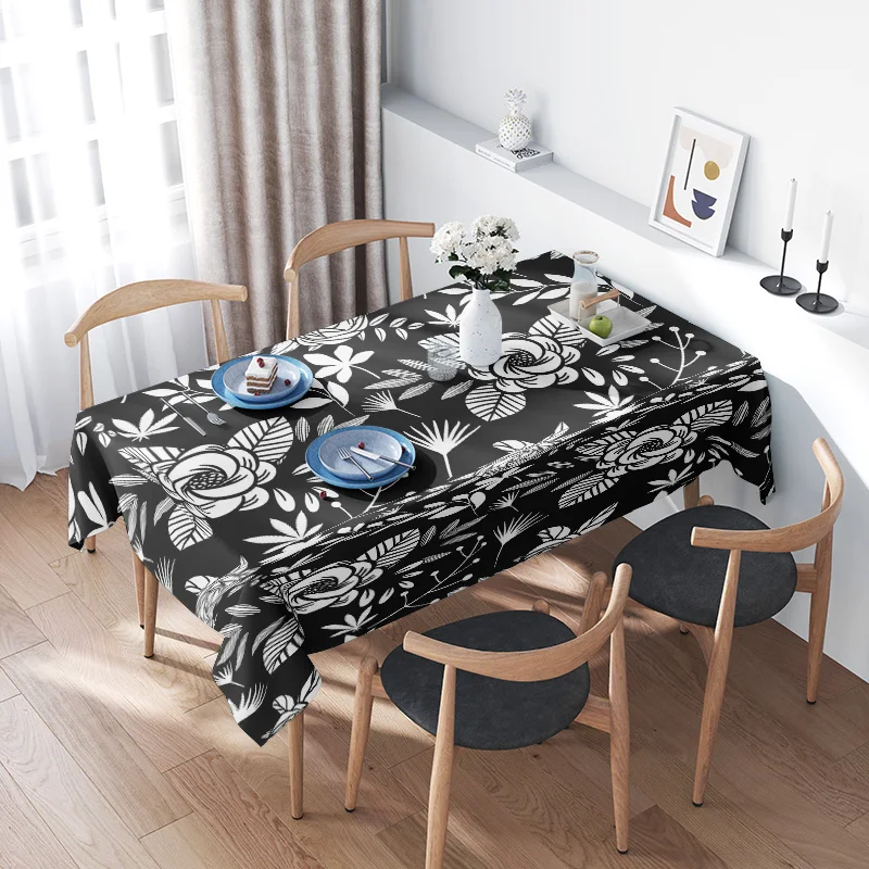 

Modern Minimalist Floral Printed Tablecloth Decorative Dinnerware Cover for Dining Room Furniture Black White 3D Print