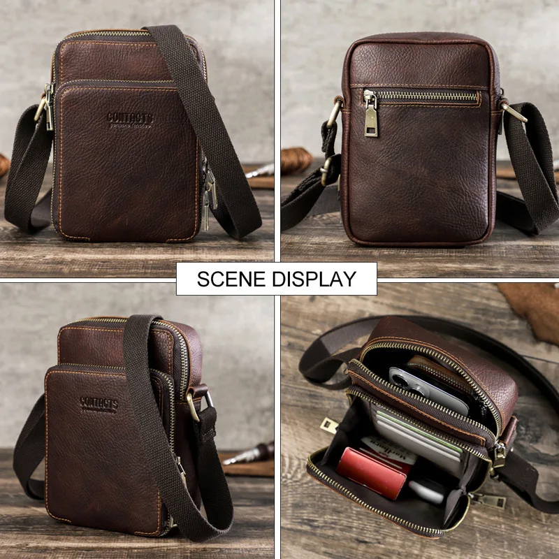 New Fashion Korean Version Horse Wrinkled Single Shoulder Crossbody Top Layer Cow Leather Casual Mens Mobile Phone Bag Briefcase