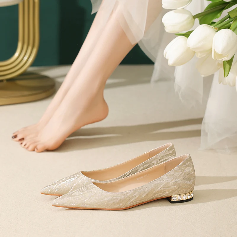 Flat Wedding Shoes Confortable High Grade Main Bride Dress Flats Sequin Upper Crystal Square Low Heel Safe Pregenant Women Pumps