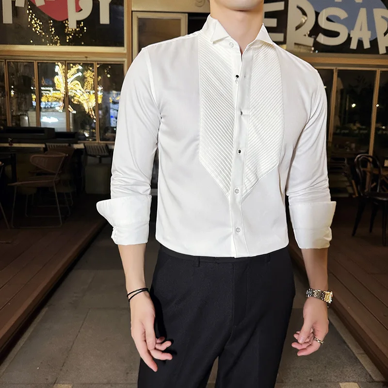 Men Dress Shirt Long Sleeve French Wing Collar 2024 Autumn Solid Color Casual White Black Shirt Fashion Social Banquet Tuxedo