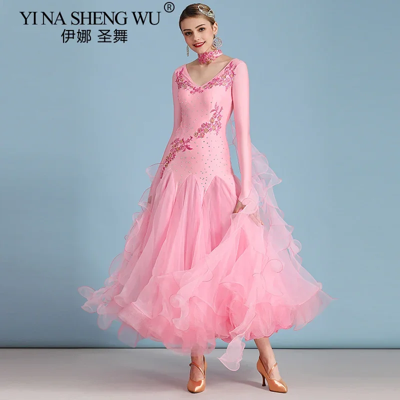 Woman Modern Dance Dress Ballroom Dancing Competition Clothes Waltz Performance V Neck Fluffy Hemline Dress Long Sleeves Dress