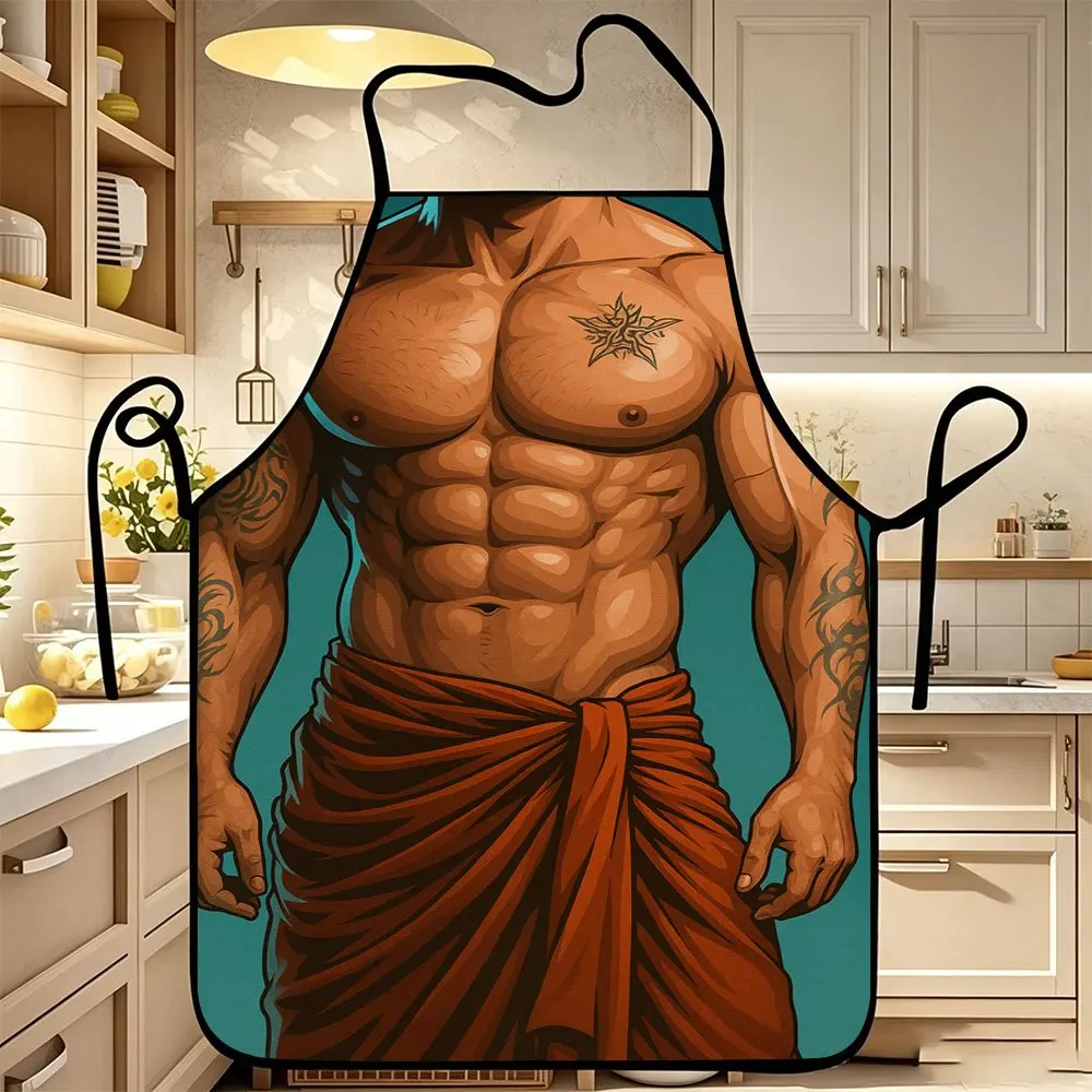 Funny Muscular Man Apron, 3D Tattooed Bodybuilder Graphic Cooking Bib, Sexy Kitchen Decor, Novelty Gag Gift for Men