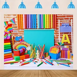 Red brick walls, colored letter classrooms, books, pencils, photo studios, background videos, party decorations