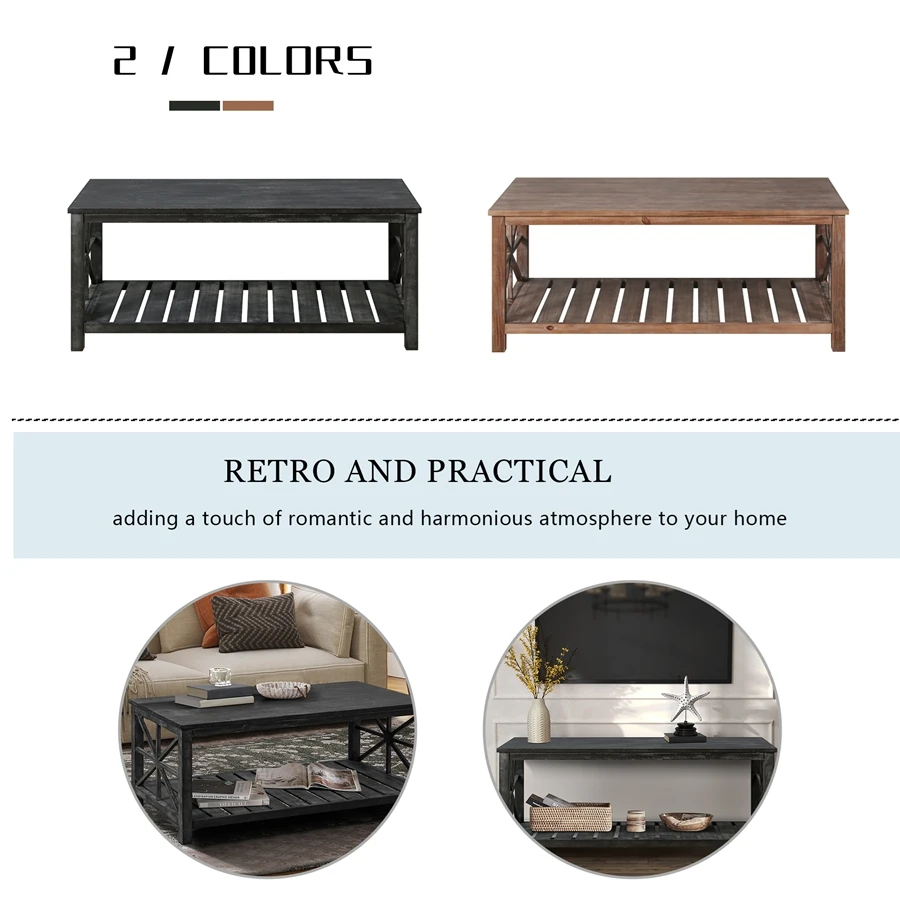 47 Inch Modern Coffee Table With Storage Shelf, Farmhouse Rectangle Living Room Center Table For Small Spaces