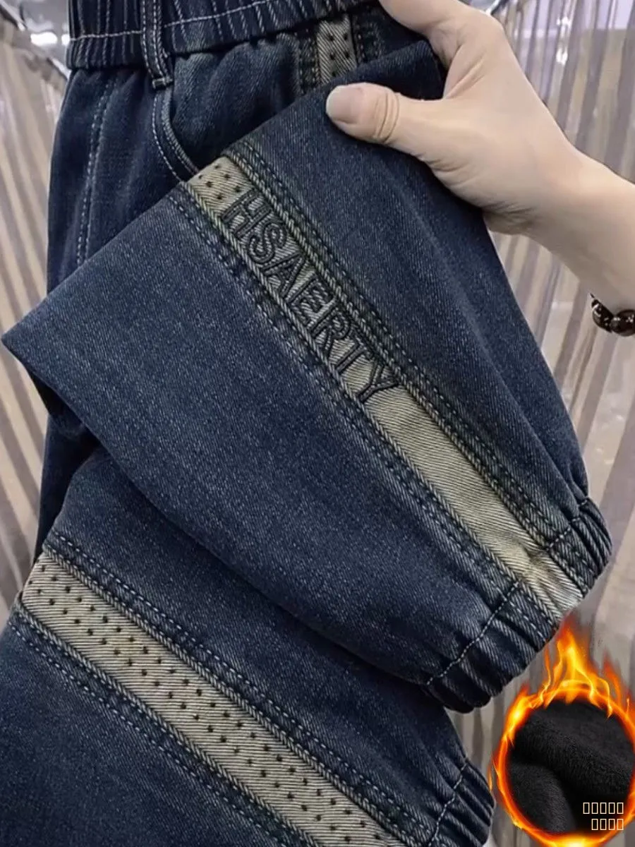 

Faionable Thiened Fce High Waist Denim Jeans Women's Autumn Winter Anti-Aging Loose Fit Concealing Harlan Long Trousers